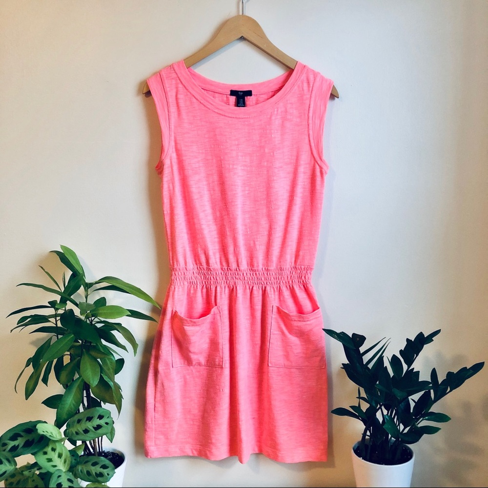 GAP Neon Pink Cotton Dress | Gathered Waist | Patch Pocket Summer Dress